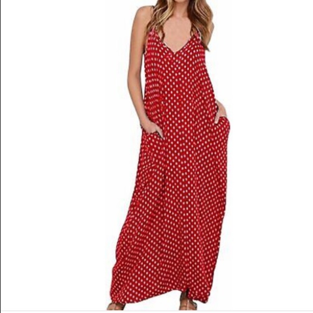 Lilbetter Red White Polka Dot Boho Sleeveless Summer Maxi Dress XL*